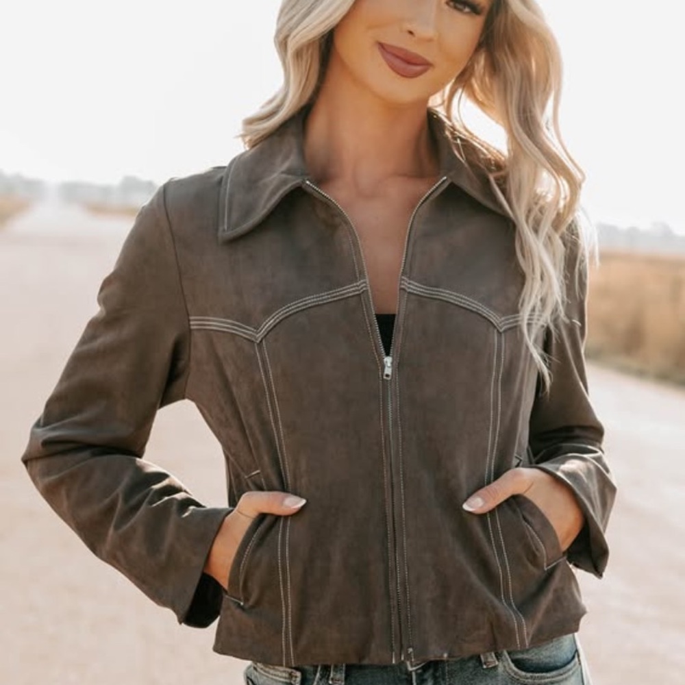 GORGEOUS Faux Suede Zip Up Jacket Beautiful embroidery on back. Never Worn.